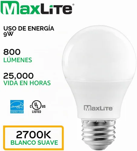 Vista 2 de MaxLite Bombilla LED A19, nominal de accesorio cerrado, equivalente a 60 W, 800 lúmenes, regulable, base media E26, 2700 K blanco suave, paquete