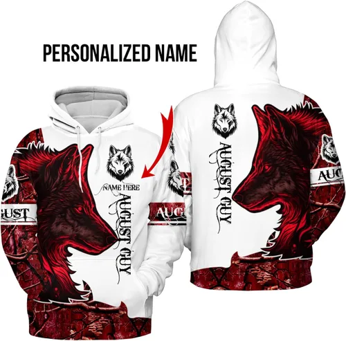 Vista 2 de TS6000026 Agosto Nombre personalizado Nombre personalizado Nacido en agosto Cumpleaños Lobo August Guy All Over Print Hoodie 3D S-5XL, Rojo
