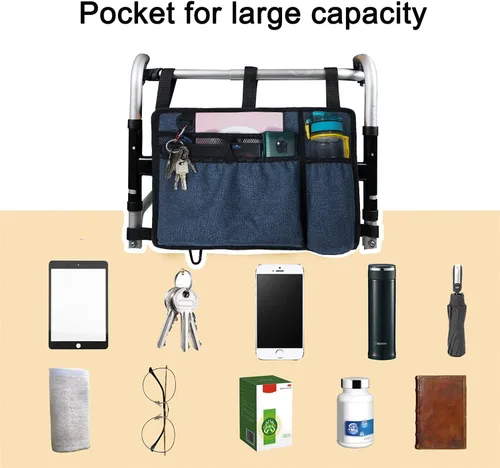 Vista 6 de Bolsa de cesta para andador Carooo con portavasos, adecuada para andadores plegables para adultos, organizador para rodantes, bolsa