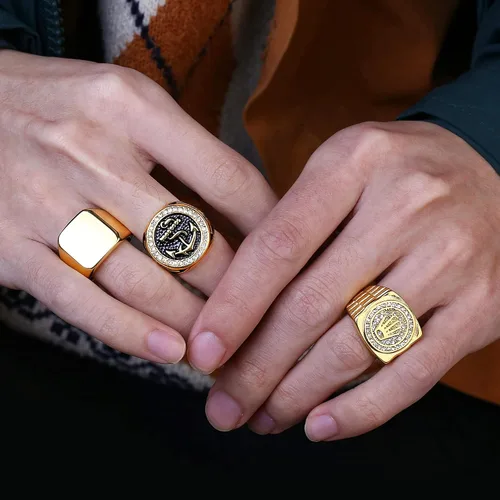 Vista 4 de Dochais 3 anillos para hombres y mujeres, de acero inoxidable, con circonita cúbica, de eslabones cubanos gruesos, vintage, con sello