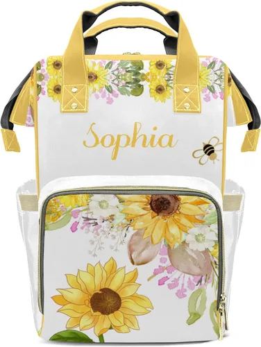 Vista 11 de Mochila de pañales con patrón de girasol con nombre, bolsa multifunción de gran capacidad para mamá, papá, unisex, niño y niña, Diseño 1, Mochilas