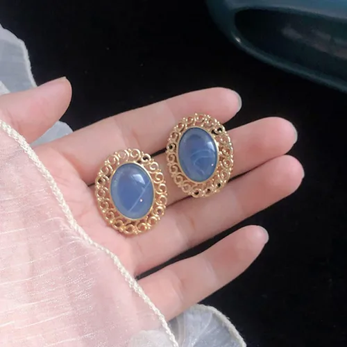 Vista 4 de Pendientes vintage ovalados con borde dorado para mujeres y niñas
