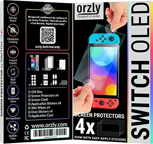 Vista 2 de Orzly Protector de pantalla de vidrio para Nintendo Switch OLED 2021 accesorios de consola (paquete de 4) Vidrio templado Life time Edition
