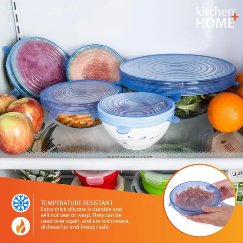 Vista 4 de Kitchen + Home - Juego de 10 tapas elásticas de silicona para guardar alimentos, sin BPA, aptas para lavavajillas, microondas, horno y congelador