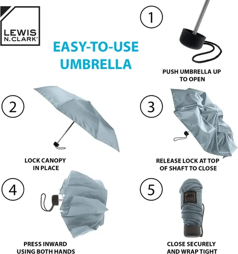 Vista 2 de Lewis N. Clark Portable Mini Travel Umbrella, Windproof & Water Repellent Fabric, 1 Year Warranty