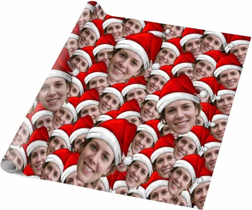Vista 5 de Papel de regalo personalizado con fotografía, “Merry Christmas” con sombrero de Navidad, papel de regalo personalizado “Happy Birthdays” con nombre