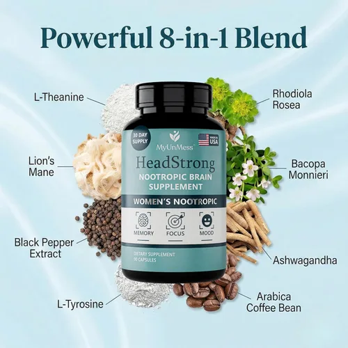 Vista 3 de HeadStrong - Suplemento cerebral nootrópico para mujeres, alivio de niebla cerebral y claridad mental, melena de león, Ashwagandha, L-teanina, apoyo