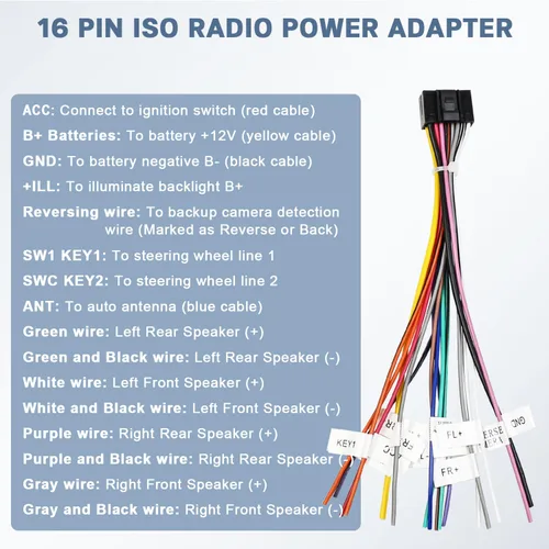 Vista 3 de Kit adaptador de arnés de cableado de radio Android de 16 pines Fiegromech ISO Car Stereo Wire Harness,10&20Pin RCA Connector Back Camera