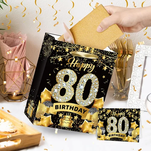Vista 4 de Black Gold - Bolsa de regalo de cumpleaños número 80, bolsas doradas y negras con papel de seda y tarjeta, bolsas de regalo para hombres, mujeres