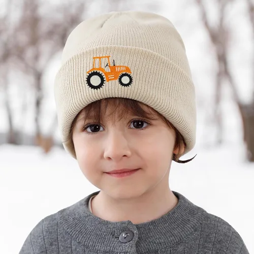 Vista 2 de Gorro de punto para niños pequeños con bordado de tractor para otoño e invierno