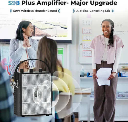 Vista 2 de Amplificador de voz de 50W con 2 micrófonos con auriculares, micrófono con altavoz, sistema de sonido portátil con micrófono, altavoz Bluetooth