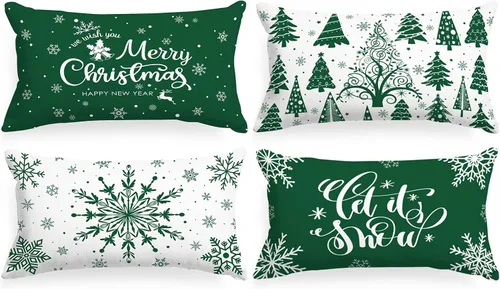 Vista 27 de Lanpn Fundas de Cojín Lumbar Navideñas de 12x20, 4 piezas, Blanco y Negro Feliz Navidad Xmas Invierno Copo de Nieve Fundas de Almohada de Cojín