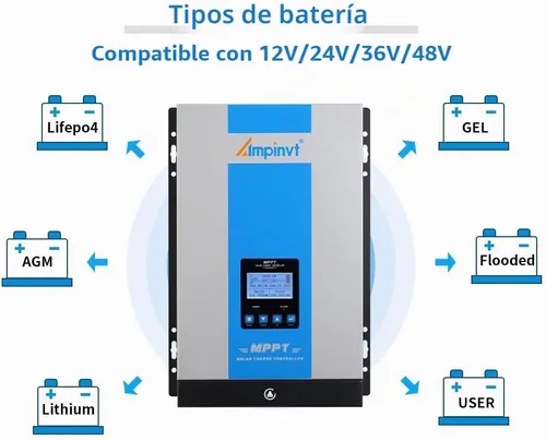 Vista 4 de Ampinvt Controlador de carga solar MPPT de 120 A, 12 V, 24 V, 36 V, 48 V, sistema de batería automático, entrada máxima de 150 V, regulador de panel