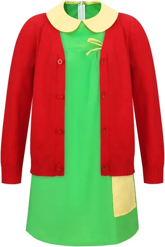 Vista 2 de ZIFUNMUR Women Girls Chilindrina Costume Green Dress Red Knit Cardigan Shorts Glasses Full Set Halloween Cosplay Outfit
