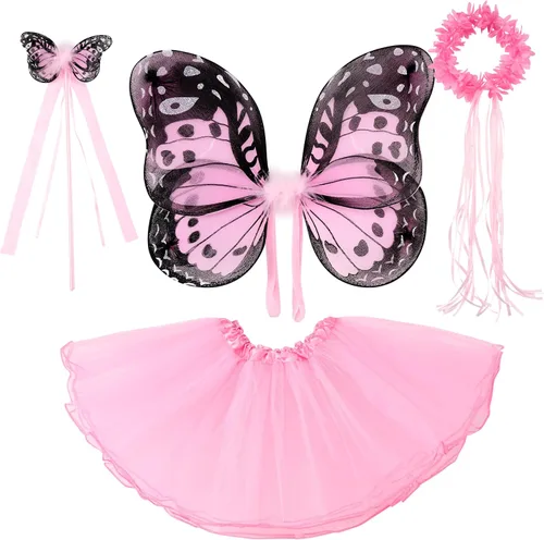 Vista 6 de Spooktacular Creations Juego de disfraz de hadas con tutú, alas, diadema, varita para niñas, accesorio de disfraz de Halloween, Rosado