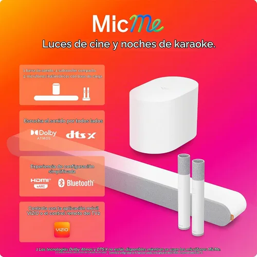 Vista 2 de VIZIO MicMe 2.1 Barra de sonido de karaoke, 2 micrófonos inalámbricos, subwoofer inalámbrico con Dolby Atmos, DTS:X, altavoz Bluetooth, compatible