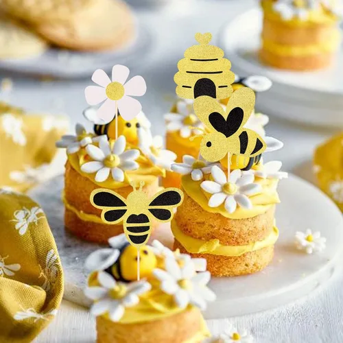 Vista 5 de Paquete de 24 adornos para cupcakes de abejorros con purpurina de abeja, panal, cupcakes, para revelación de género, baby shower, fiesta