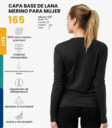 Vista 2 de 100% lana merino capa base mujer - camisa térmica de manga larga con 165 gris carbón