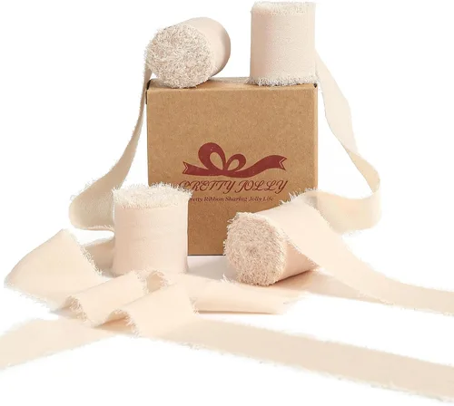 Vista 14 de Pretty Jolly Cinta de gasa beige para envolver regalos, 3 rollos de 2 pulgadas x 7 yardas, cinta de tela de seda hecha a mano con flecos para ramo