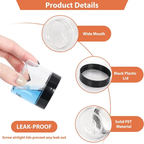 Vista 3 de Betrome - 50 tarros redondos de plástico transparente de 2 onzas con tapas negras 60ml Leak-Proof Wide-Mouth Cosmetic Storage Containers for