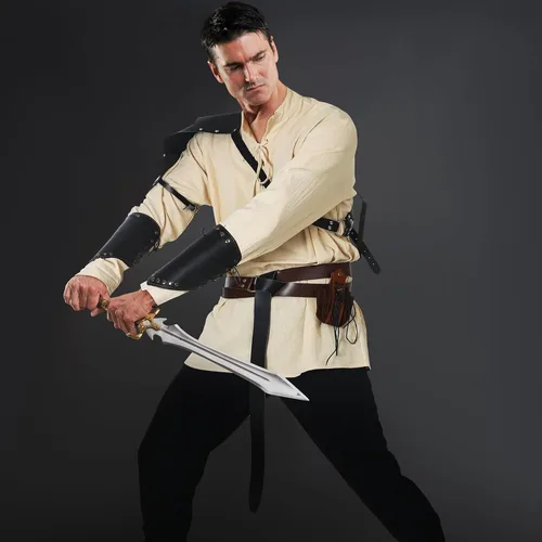 Vista 7 de Camisa medieval para hombre, banda al tobillo, pantalones, bolsa de cuero, brazalete vikingo, retro, renacentista, disfraz de Halloween