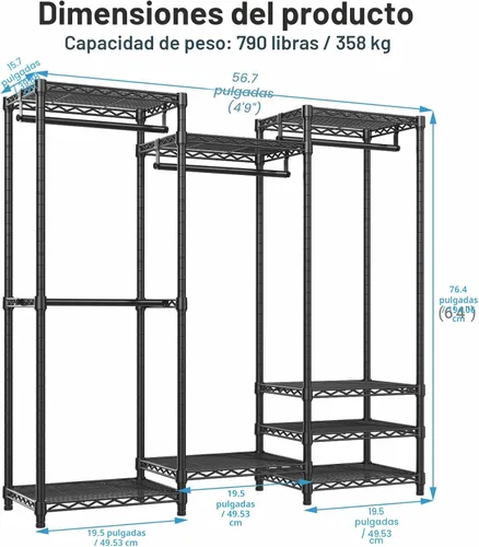 Vista 5 de VIPEK V5 Armario Portátil Mediano Perchero de Ropa Resistente, Perchero de Ropa de Metal Independiente con 4 Barras para Colgar y 8 Estantes