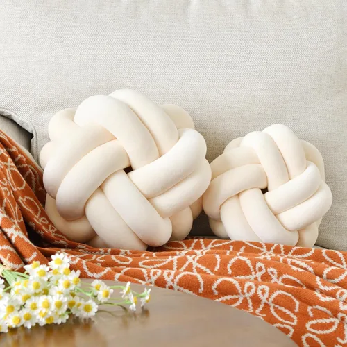 Vista 2 de Almohada de nudo de bola, cojín decorativo redondo para arrojar, almohada de felpa suave beige anudada de 8 pulgadas, cojín decorativo de nudo