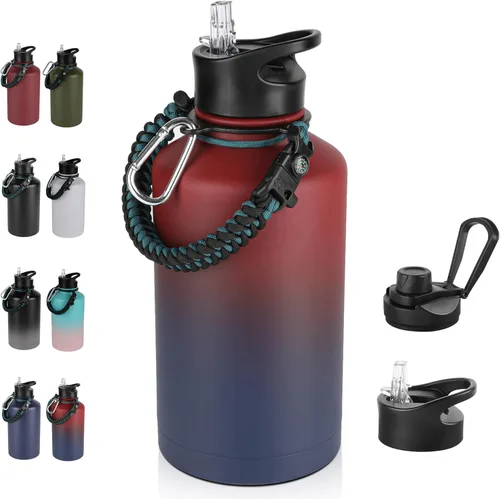 Vista 12 de Botella de agua aislada de 64 onzas con tapas de pajita y boquilla, jarra de agua de acero inoxidable de medio galón con mango de paracord, vacío