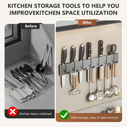 Vista 3 de Colgador de utensilios de cocina: soporte para colgar en pared, 7 ganchos, sin taladrar para cocina, despensa, baño, sala de estar de 15.75 pulgadas
