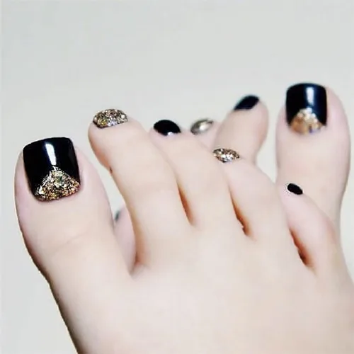 Vista 39 de Uñas postizas acrílicas artificiales negras para los dedos de los pies, ataúd a presión con diseños de flores blancas, uñas postizas reutilizables