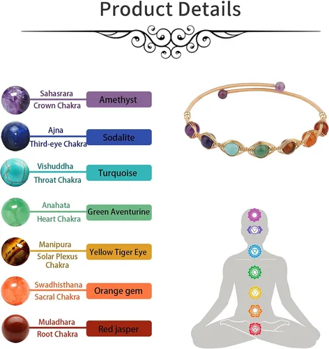 Vista 5 de ASGIFT Pulsera de 7 chakras para mujeres y niñas, cuentas de piedra de cristal curativo, ajustable, yoga, meditación, oro de 14 quilates, joyería