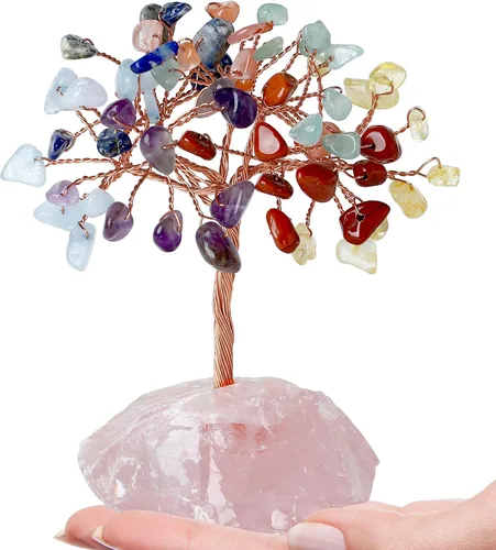 Vista 9 de QINJIEJIE Árbol de cristal de cuarzo rosa, cristales curativos, decoración de escritorio rosa, árbol de piedras preciosas naturales, base de alambre