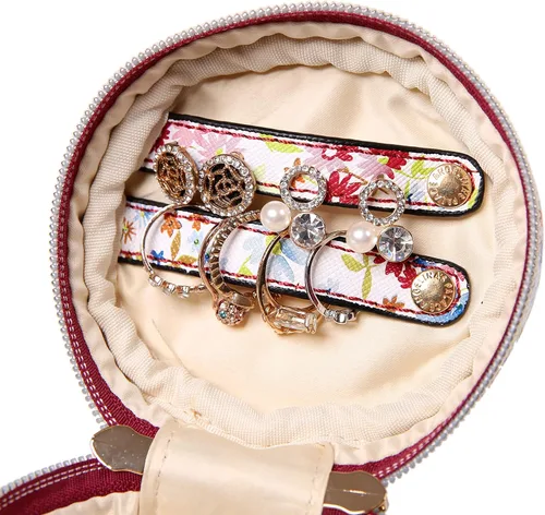 Vista 5 de Angelina's Palace Estuche organizador de joyas redondo, bolsa de viaje, regalos de dama de honor, caja de cuero vegano para collar, aretes, pulsera