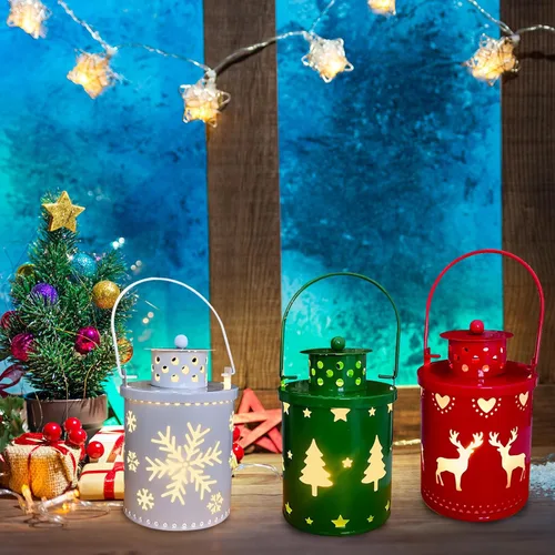 Vista 3 de YBB Juego de 3 linternas decorativas de Navidad, linternas de vela sin llama, operadas por batería, colgantes, de metal, con LED, para centro