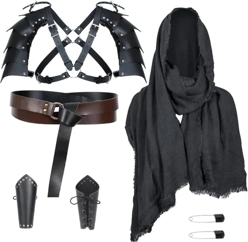 Vista 11 de Cinturón de cuero de caballero medieval para hombre, chal renacentista, capa de medio hombro, bufanda, brazaletes con hebilla, accesorios retro