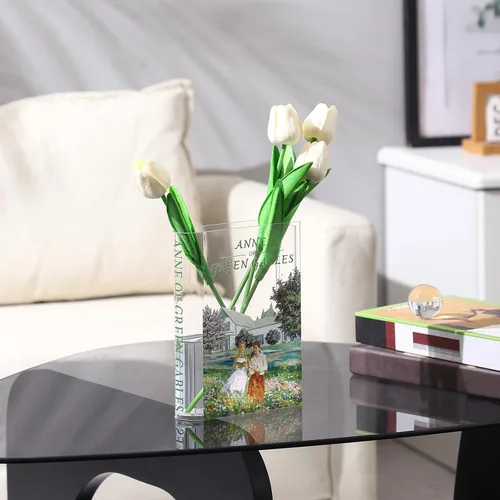 Vista 2 de Florero acrílico con forma de libro para flores, florero de libro, pequeños jarrones transparentes para el hogar, sala de estar, estantería