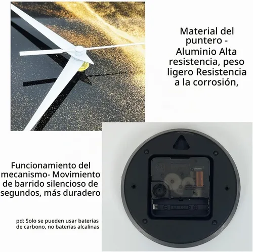 Vista 8 de Reloj de pared moderno negro y dorado con pilas, reloj de pared silencioso de 12 pulgadas, reloj de pared de vidrio sin tictac para sala de estar