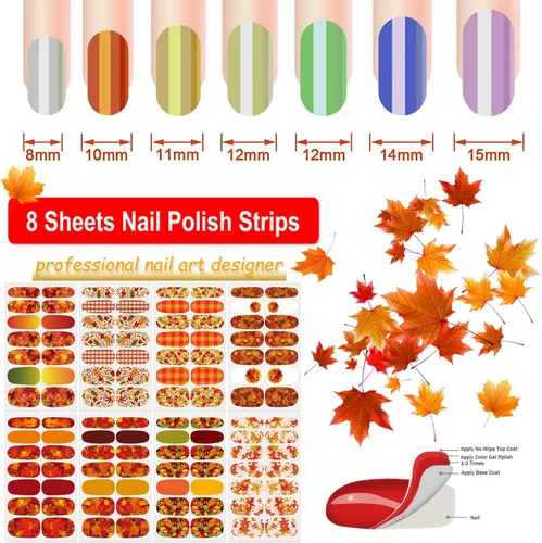 Vista 2 de 8 hojas de esmalte de uñas de otoño para mujer, hojas de arce, tiras de esmalte de uñas de gel, autoadhesivas, manicura con lima y palito para Otoño