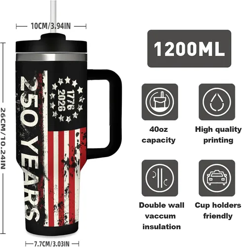 Vista 2 de 250 Years American Flag - Vaso aislado de acero inoxidable de 40 onzas (40.6 fl oz), taza de café patriótica con tapa a prueba de salpicaduras