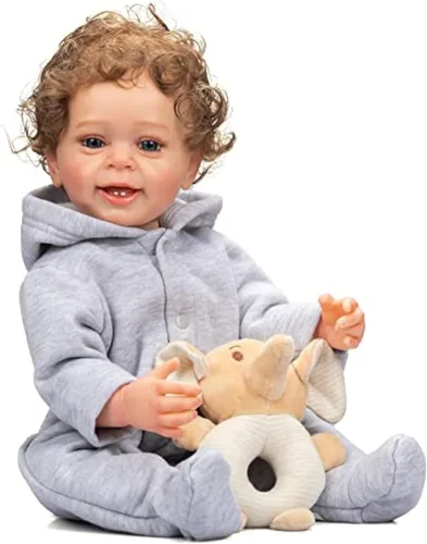 Vista 7 de Muñeca realista Reborn de silicona de 24 pulgadas, muñeca de bebé realista Reborn niña, cabello rubio rizado, ojos azules, cuerpo de tela suave