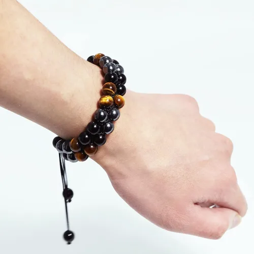 Vista 5 de Pulsera de triple protección, ojo de tigre genuino, obsidiana negra y hematita de 0.315 in, pulsera de cuentas para hombres y mujeres, pulseras