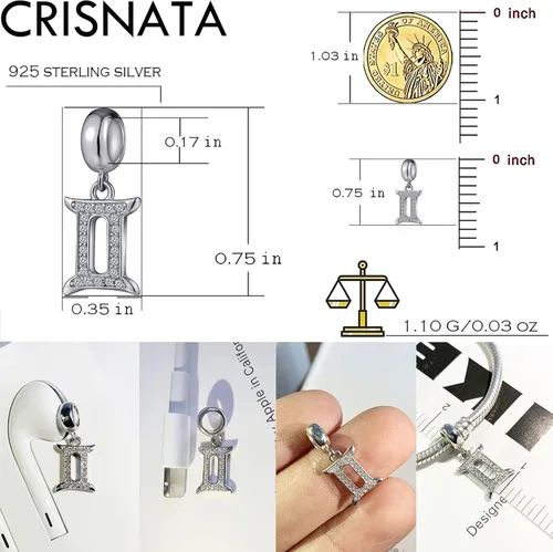 Vista 2 de CRISNATA Dijes con dije de constelación del zodiaco con circonita cúbica transparente, cuentas de horóscopo de plata de ley 925, se adapta a
