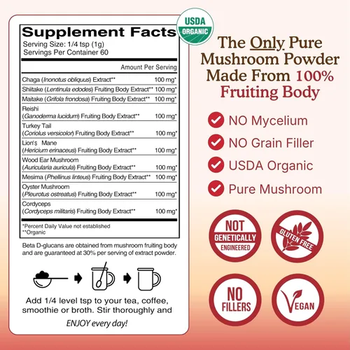 Vista 2 de Suplemento orgánico USDA de 10 hongos en polvo, enfoque y apoyo inmunológico 100% cuerpo fructífero, melena de león, cordyceps, hongo reishi