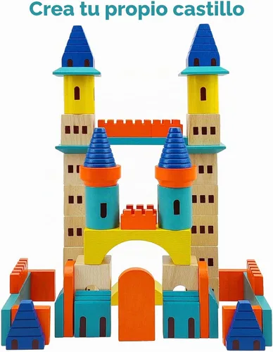 Vista 3 de Xylolin Juego de bloques de construcción de castillo de madera, juguete de bloques apilables de madera de haya maciza grande, juego de construcción