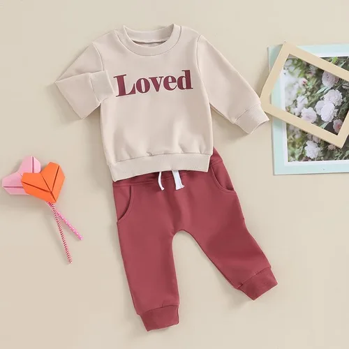 Vista 2 de Conjunto de ropa para el día de San Valentín para bebé niño y niña, sudadera larga con cuello redondo y letras, My First Valentines