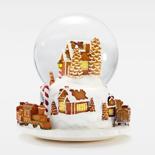 Vista 2 de THINGS REMEMBERED - Bola de nieve musical grande con pueblo de jengibre grabado y tren en movimiento, reproduce música de Toyland, hermosa y única