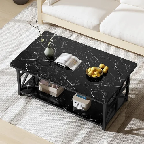 Vista 4 de AWQM Mesa de Centro de Mármol Sintético para Sala de Estar, Mesa de Centro Moderna de 2 Niveles con Almacenamiento, Mesa Central Rectangular