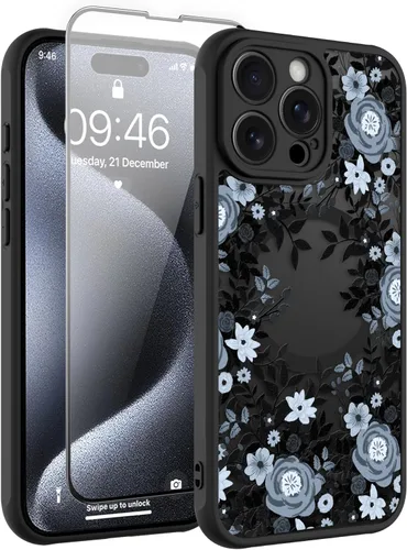 Vista 177 de Magnético para iPhone 13 con protector de pantalla [Compatible con MagSafe] Diseño de patrón floral de flores bonitas, funda delgada a prueba