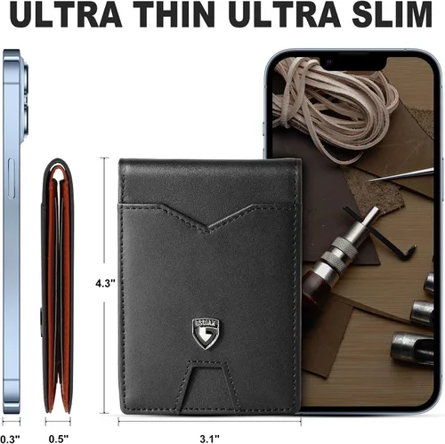 Vista 4 de GSOIAX Billetera delgada para hombre minimalista de cuero genuino fibra de carbono con bloqueo RFID de cuero vacuno plegable con caja de regalo