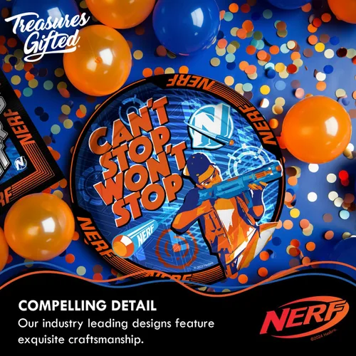 Vista 8 de Treasures Gifted Suministros para fiestas Nerf con licencia oficial – Sirve a 16 invitados – Juego clásico de vajilla – Decoraciones de fiesta